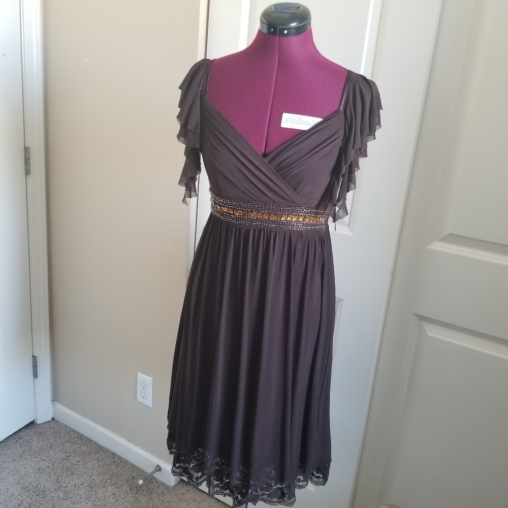 Brown, Ruffle Sleeves, Lace Trim, Jewled, Boho, Midi, Dress